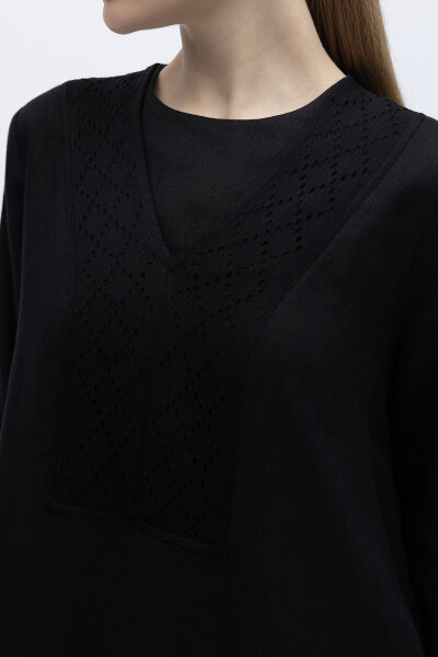 V Yaka Ajurlu Keten Elbise Siyah - 4