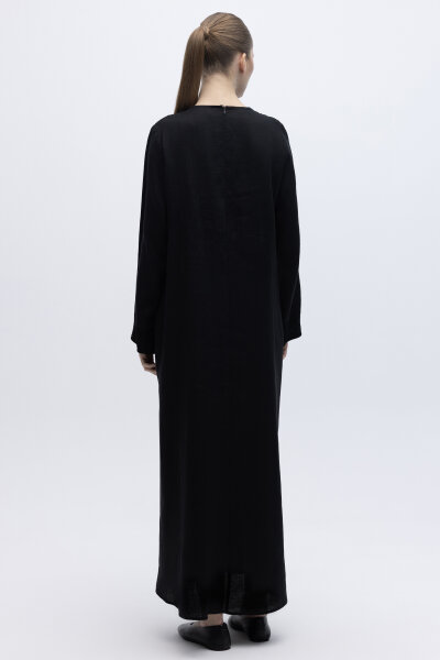 V Yaka Ajurlu Keten Elbise Siyah - 5