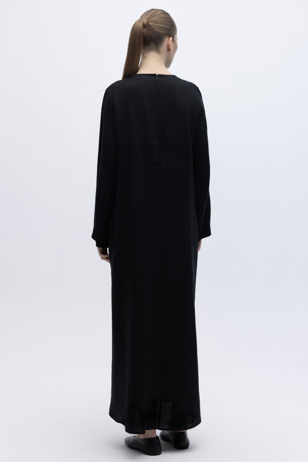 V Yaka Ajurlu Keten Elbise Siyah - 5