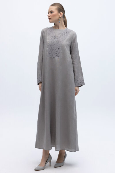 V Yaka Ajurlu Keten Elbise Gri 