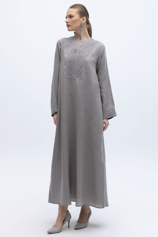 V Yaka Ajurlu Keten Elbise Gri - 1