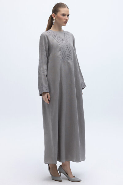 V Yaka Ajurlu Keten Elbise Gri - 2