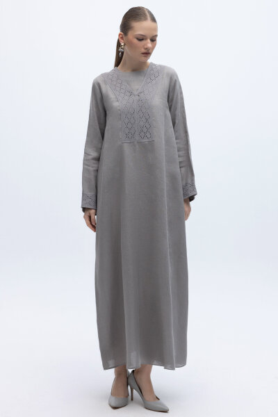 V Yaka Ajurlu Keten Elbise Gri - 3