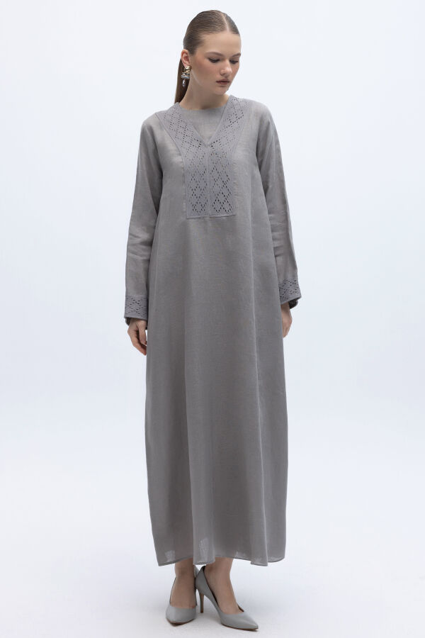 V Yaka Ajurlu Keten Elbise Gri - 3