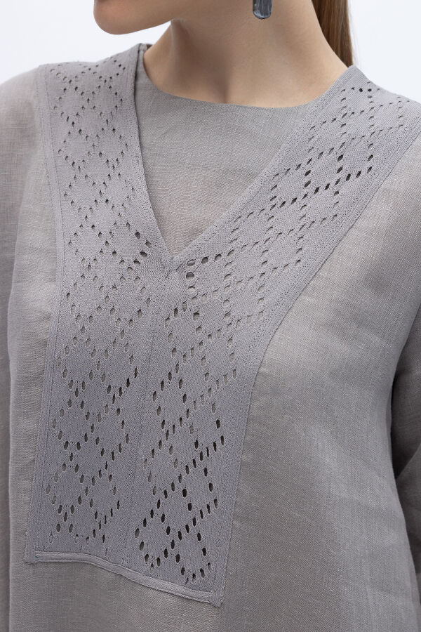 V Yaka Ajurlu Keten Elbise Gri - 4