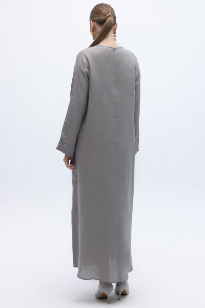 V Yaka Ajurlu Keten Elbise Gri - 5