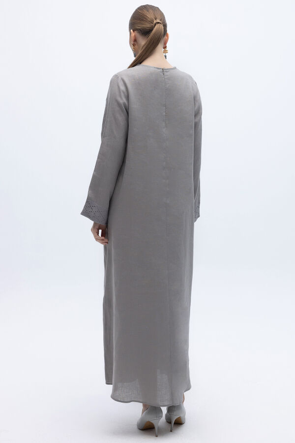 V Yaka Ajurlu Keten Elbise Gri - 5