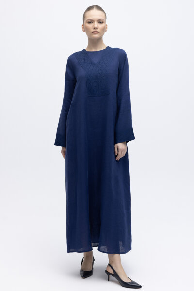 V Yaka Ajurlu Keten Elbise Navy 