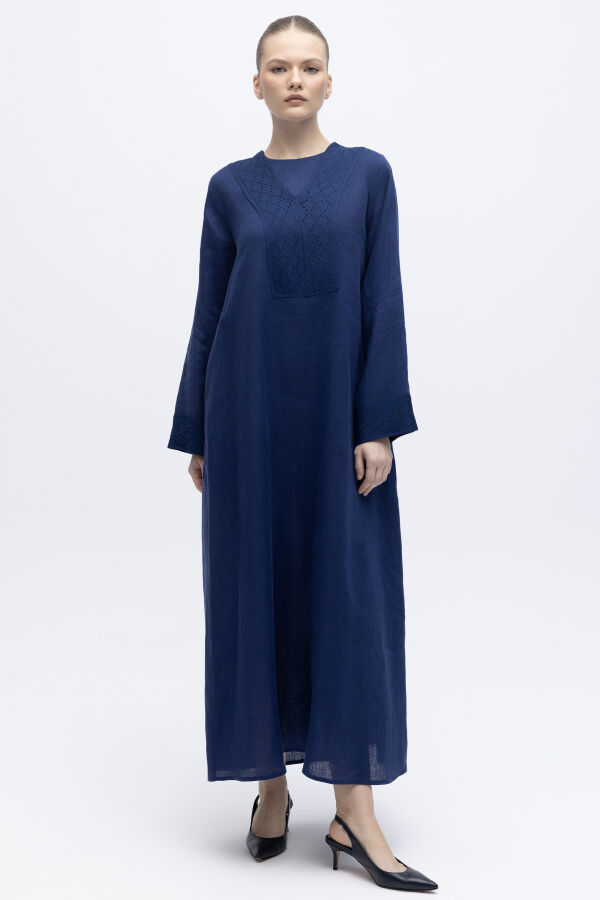 V Yaka Ajurlu Keten Elbise Navy - 1