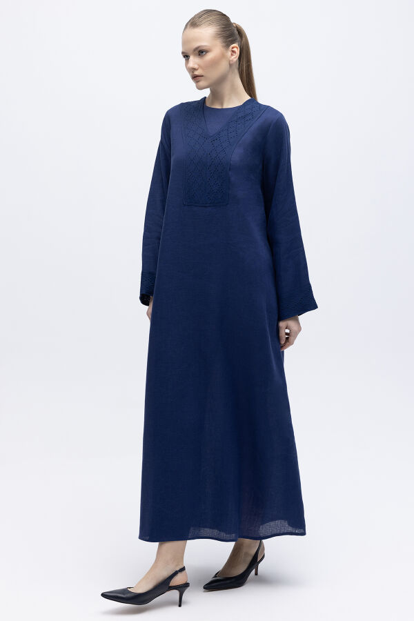 V Yaka Ajurlu Keten Elbise Navy - 2