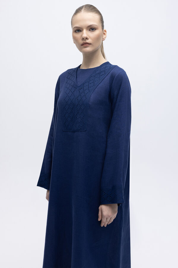 V Yaka Ajurlu Keten Elbise Navy - 3