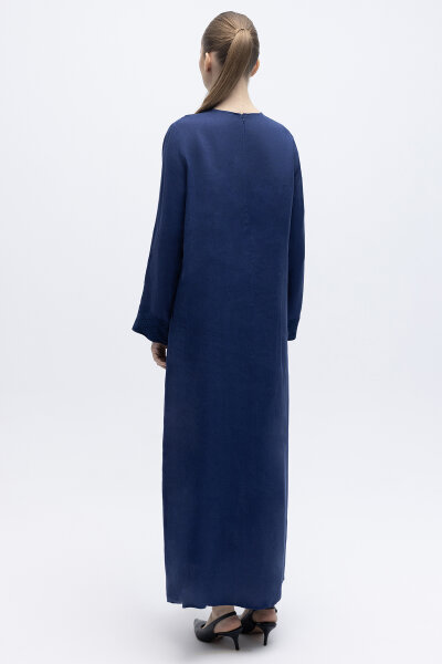 V Yaka Ajurlu Keten Elbise Navy - 4