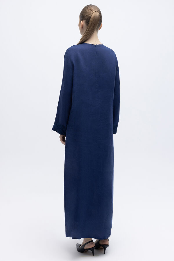 V Yaka Ajurlu Keten Elbise Navy - 4