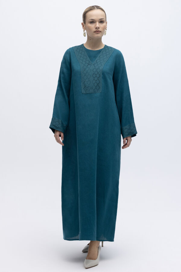 V Yaka Ajurlu Keten Elbise North Sea - 1