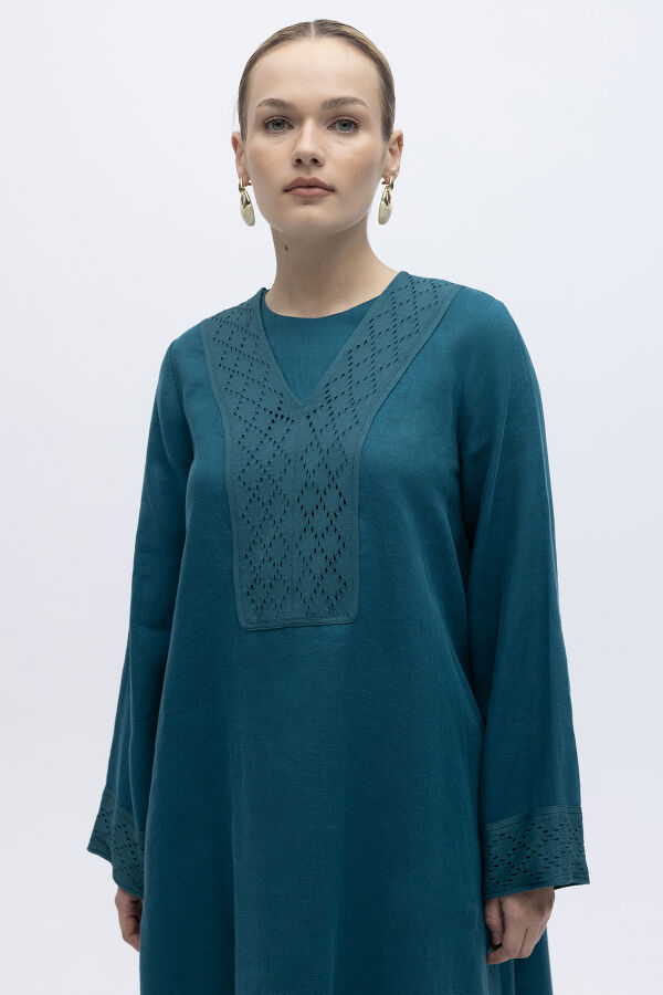 V Yaka Ajurlu Keten Elbise North Sea - 2