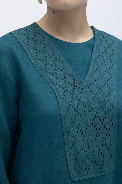 V Yaka Ajurlu Keten Elbise North Sea - 3