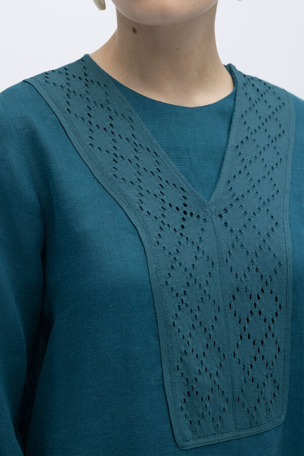 V Yaka Ajurlu Keten Elbise North Sea - 3