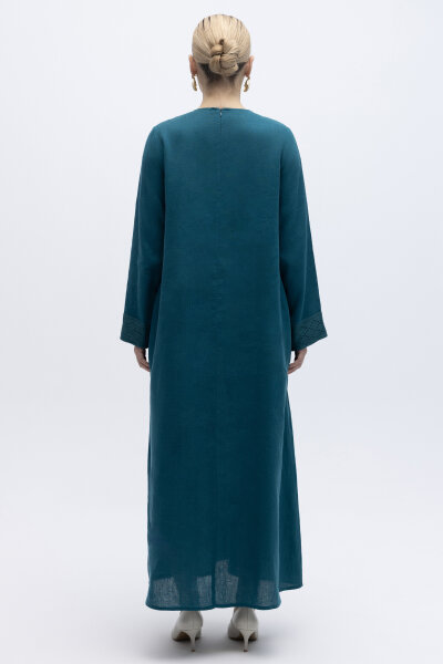 V Yaka Ajurlu Keten Elbise North Sea - 4