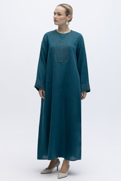 V Yaka Ajurlu Keten Elbise North Sea - 5