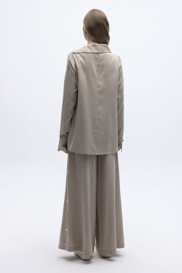 Yaka Detaylı İpek Keten Gömlek Bej - 4