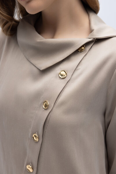 Yaka Detaylı İpek Keten Gömlek Bej - 2