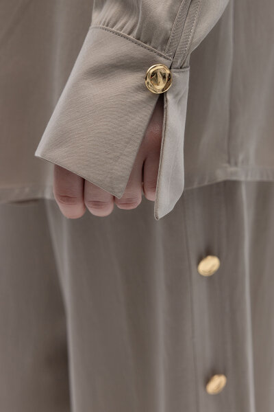 Yaka Detaylı İpek Keten Gömlek Bej - 3