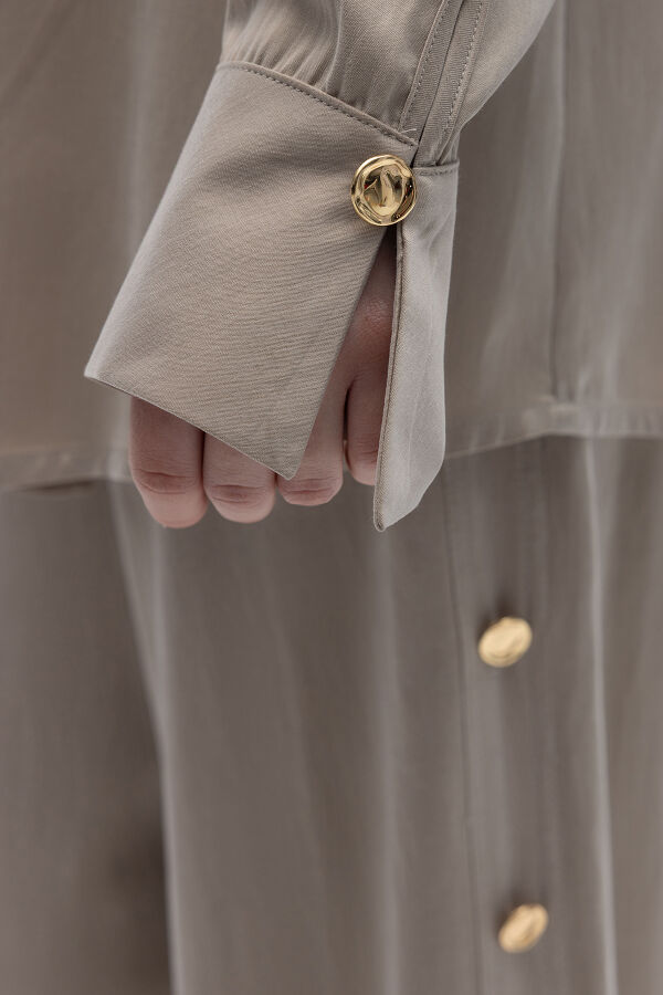 Yaka Detaylı İpek Keten Gömlek Bej - 3