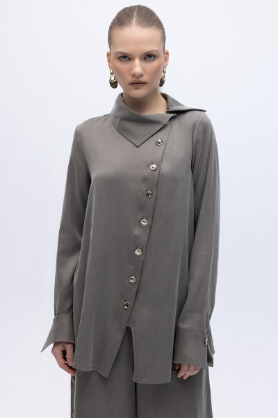 Yaka Detaylı İpek Keten Gömlek Mink - 1