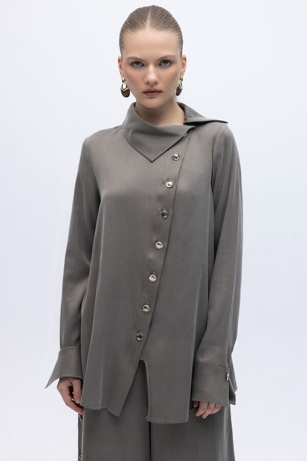 Yaka Detaylı İpek Keten Gömlek Mink - 1