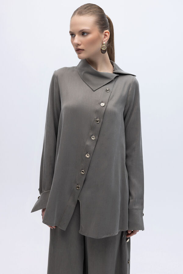 Yaka Detaylı İpek Keten Gömlek Mink - 2