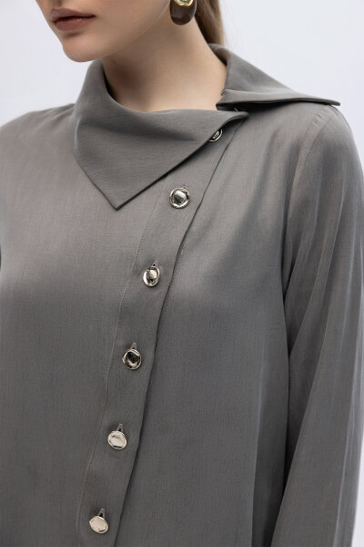 Yaka Detaylı İpek Keten Gömlek Mink - 3