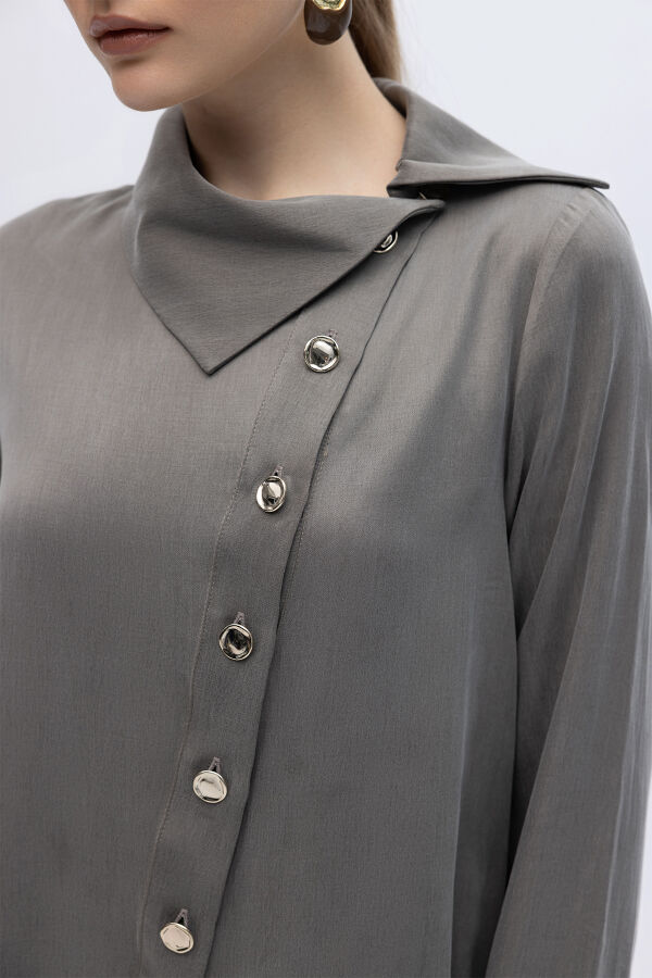 Yaka Detaylı İpek Keten Gömlek Mink - 3
