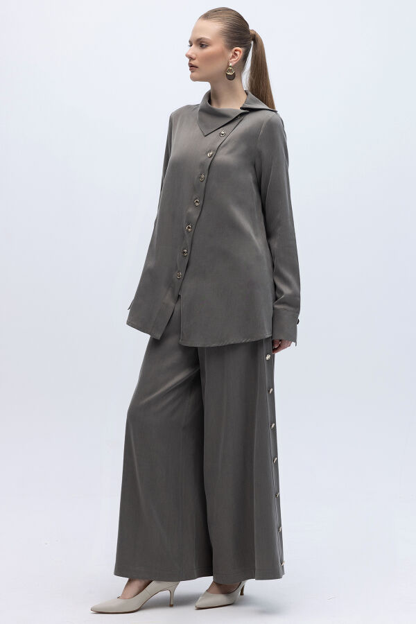 Yaka Detaylı İpek Keten Gömlek Mink - 5