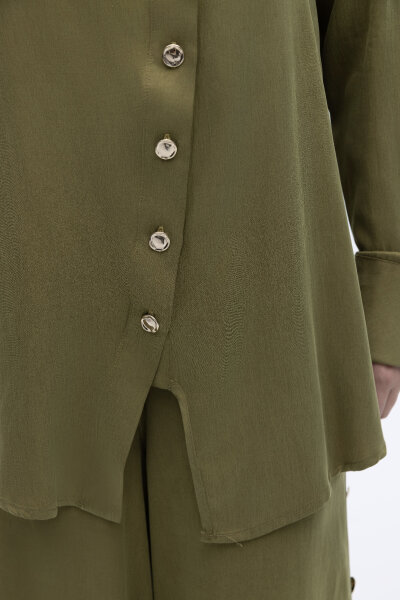 Yaka Detaylı İpek Keten Gömlek Olive - 2