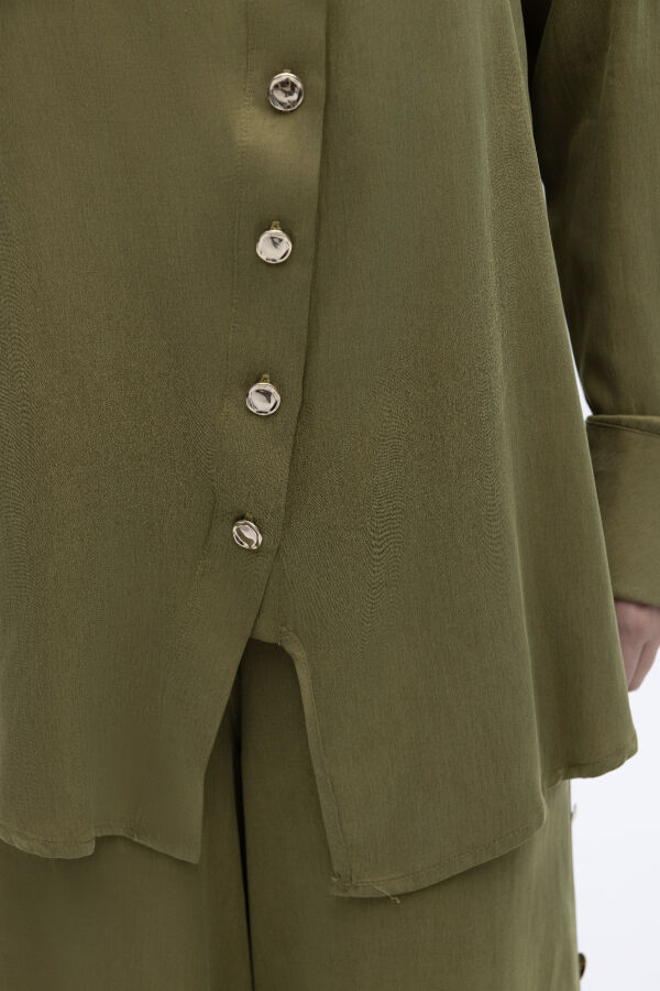 Yaka Detaylı İpek Keten Gömlek Olive - 2