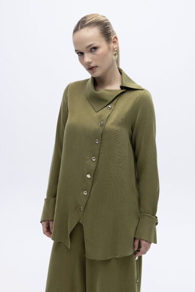 Yaka Detaylı İpek Keten Gömlek Olive - MISS DALIDA