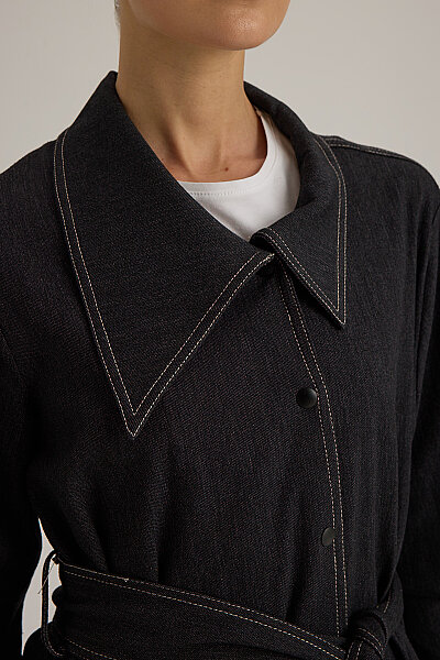 Yaka Detaylı Kuşaklı Denim Ceket Siyah - 5