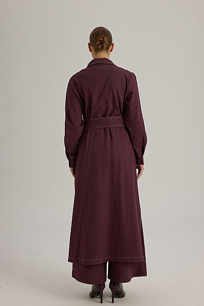 Yaka Detaylı Kuşaklı Denim Ceket Bordo - 8