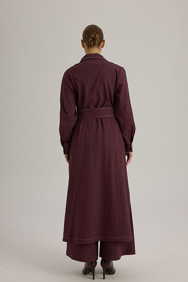 Yaka Detaylı Kuşaklı Denim Ceket Bordo - 8