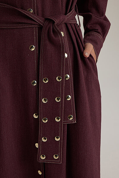 Yaka Detaylı Kuşaklı Denim Ceket Bordo - 7