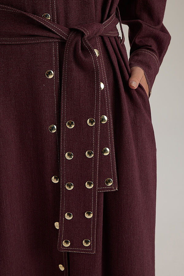 Yaka Detaylı Kuşaklı Denim Ceket Bordo - 7