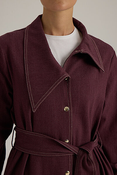 Yaka Detaylı Kuşaklı Denim Ceket Bordo - 6
