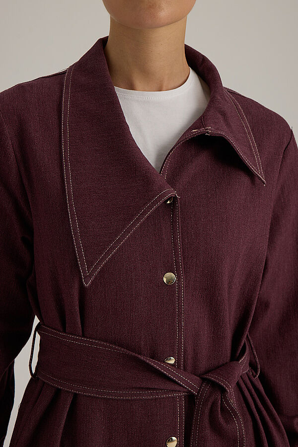 Yaka Detaylı Kuşaklı Denim Ceket Bordo - 6