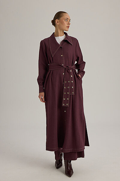 Yaka Detaylı Kuşaklı Denim Ceket Bordo - 5