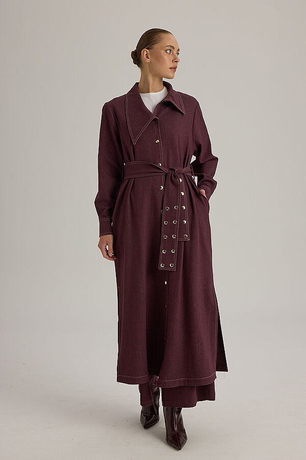 Yaka Detaylı Kuşaklı Denim Ceket Bordo - 5
