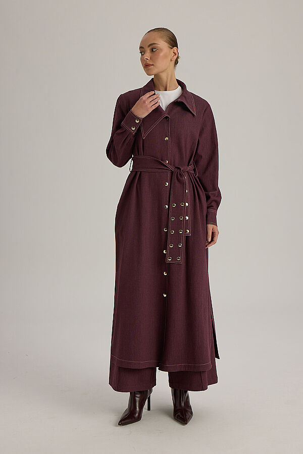 Yaka Detaylı Kuşaklı Denim Ceket Bordo - 4