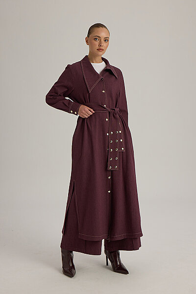 Yaka Detaylı Kuşaklı Denim Ceket Bordo - 3