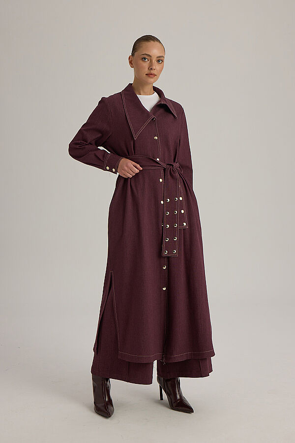 Yaka Detaylı Kuşaklı Denim Ceket Bordo - 3