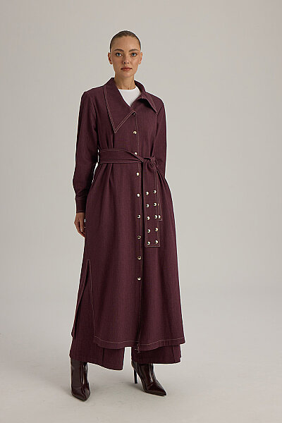 Yaka Detaylı Kuşaklı Denim Ceket Bordo - Miss Dalida (1)