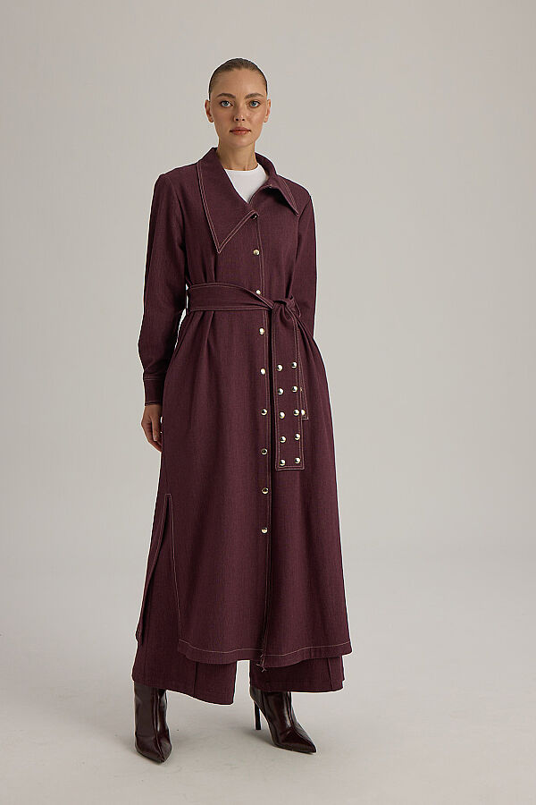 Yaka Detaylı Kuşaklı Denim Ceket Bordo - 2